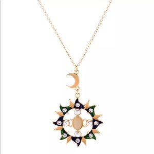 Rhinestone Sun Crescent Moon Opal Necklace